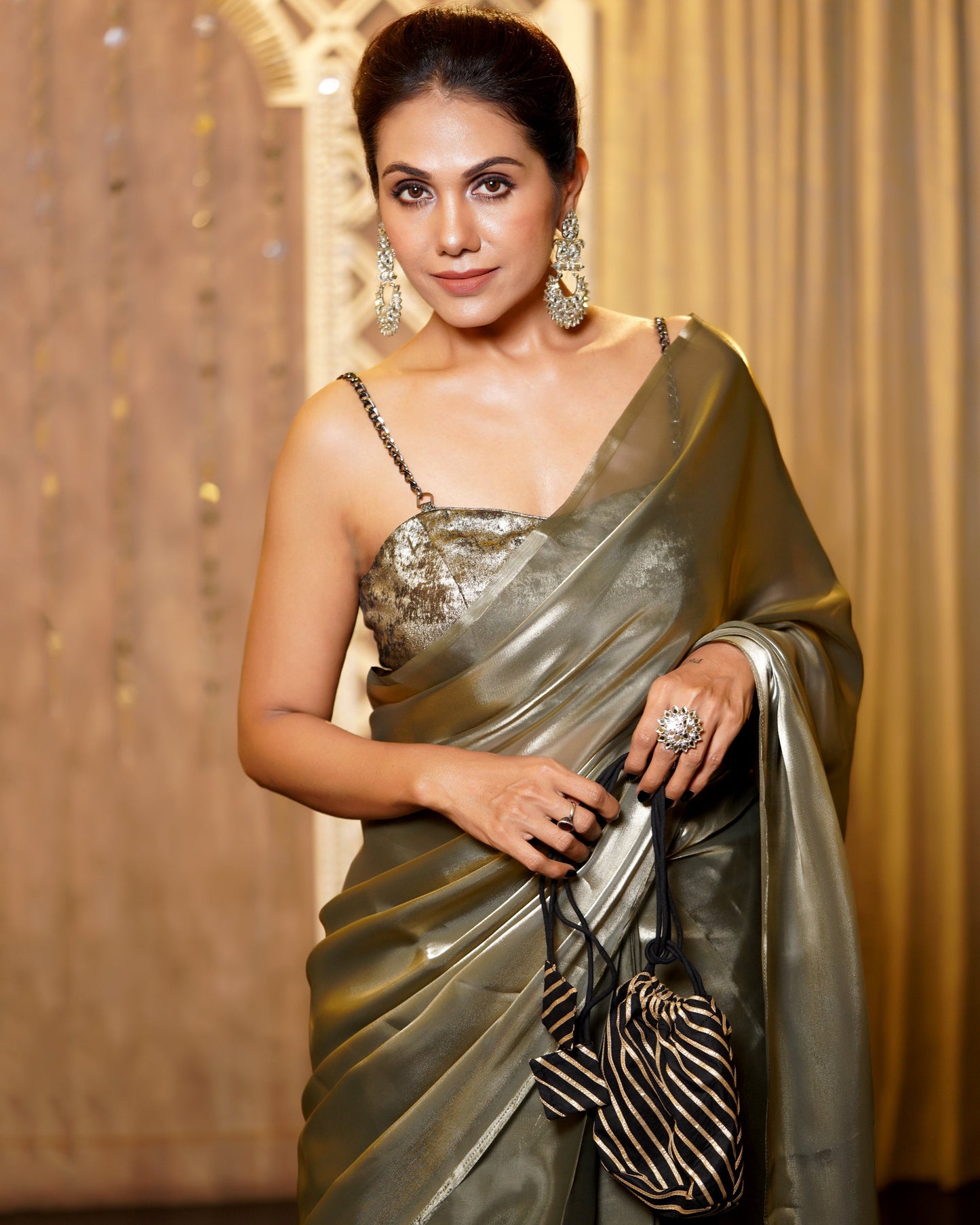 Dhiyona ST Pre-Draped 1-Minute Liquid Gold Organza Saree with Big Diamonds and Blouse Fabric