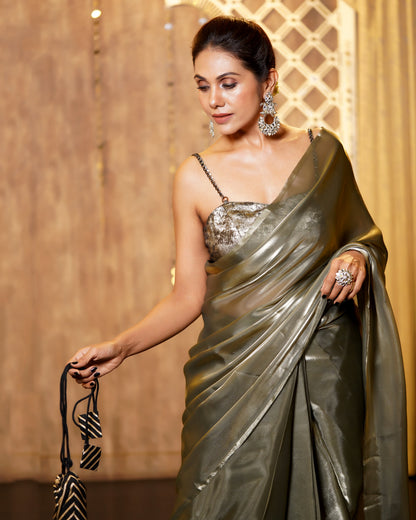Dhiyona ST Pre-Draped 1-Minute Liquid Gold Organza Saree with Big Diamonds and Blouse Fabric
