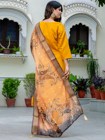 Dhiyona VV Women's Embroidered Silk Blend Calf Length Straight Kurta Trouser with Dupatta Set