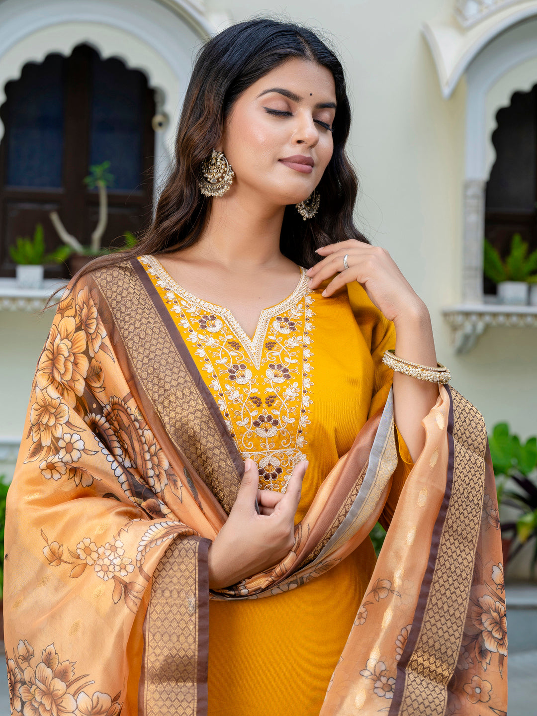 Dhiyona VV Women's Embroidered Silk Blend Calf Length Straight Kurta Trouser with Dupatta Set