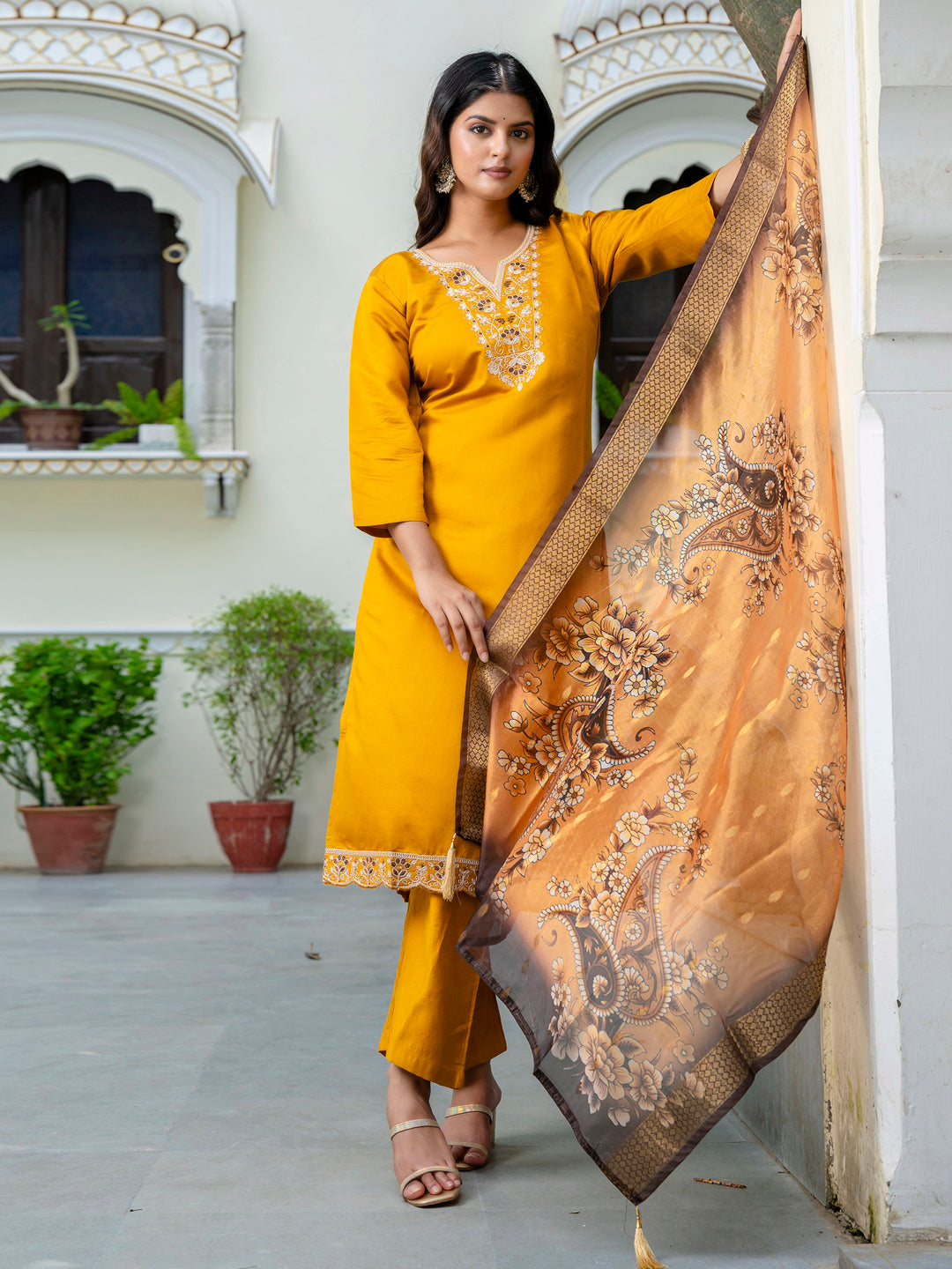 Dhiyona VV Women's Embroidered Silk Blend Calf Length Straight Kurta Trouser with Dupatta Set