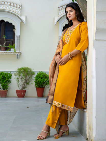 Dhiyona VV Women's Embroidered Silk Blend Calf Length Straight Kurta Trouser with Dupatta Set