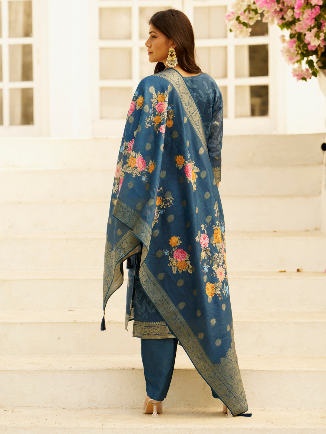 Dhiyona VV Teal Silk Blend Embroidered Straight Kurta Set with Trousers & Dupatta