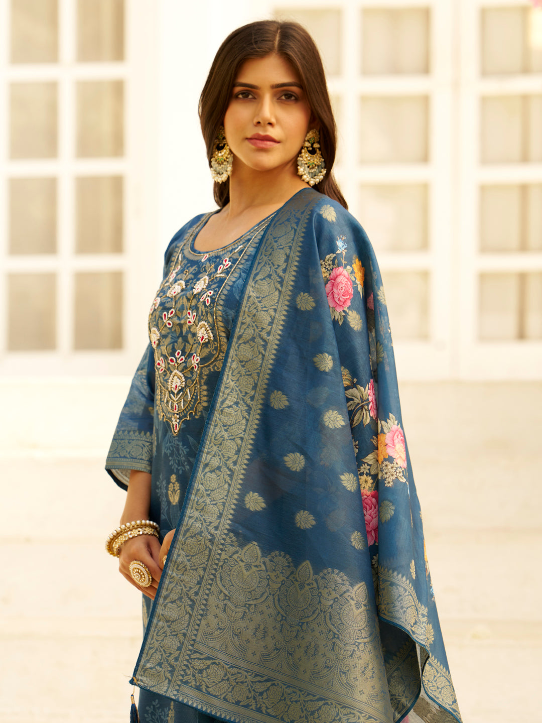 Dhiyona VV Teal Silk Blend Embroidered Straight Kurta Set with Trousers & Dupatta