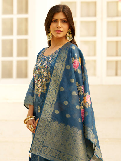 Dhiyona VV Teal Silk Blend Embroidered Straight Kurta Set with Trousers & Dupatta