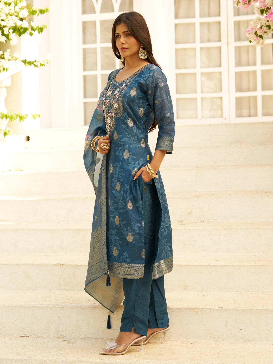 Dhiyona VV Teal Silk Blend Embroidered Straight Kurta Set with Trousers & Dupatta
