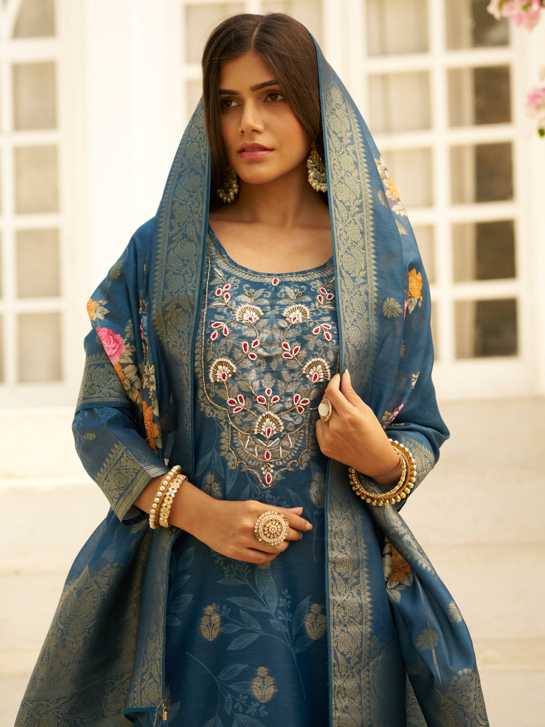 Dhiyona VV Teal Silk Blend Embroidered Straight Kurta Set with Trousers & Dupatta