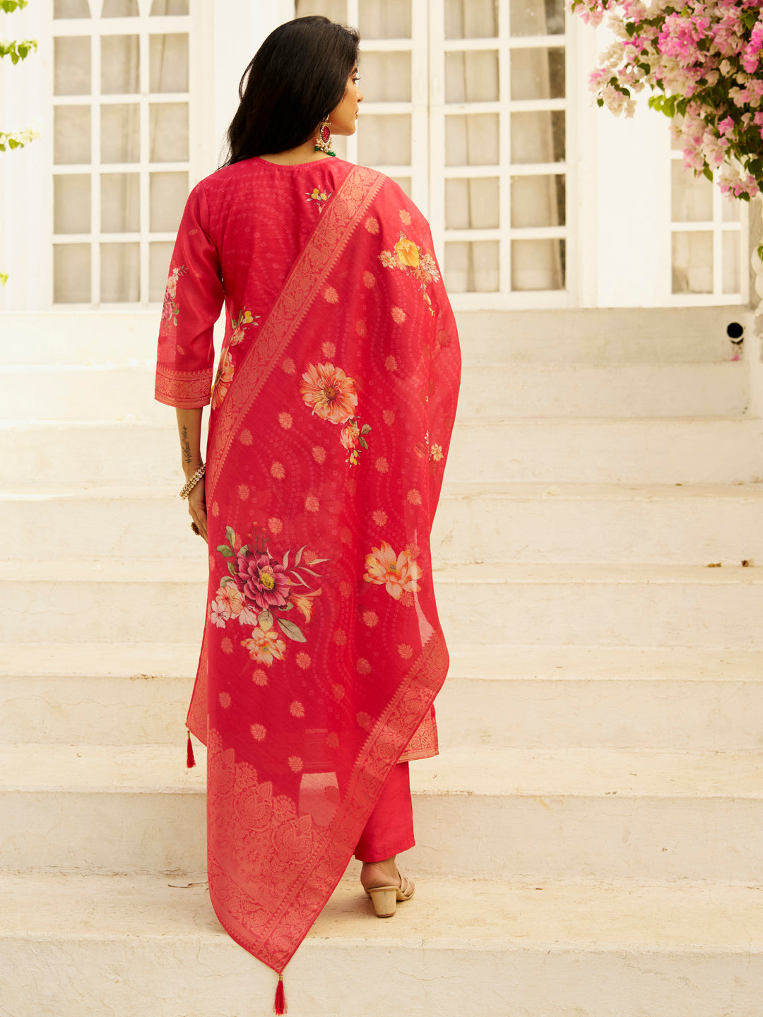 Dhiyona VV Pink Silk Blend Embroidered Straight Kurta Set with Trousers & Dupatta