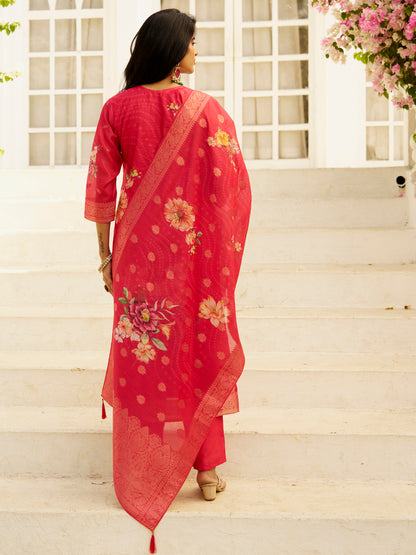 Dhiyona VV Pink Silk Blend Embroidered Straight Kurta Set with Trousers & Dupatta
