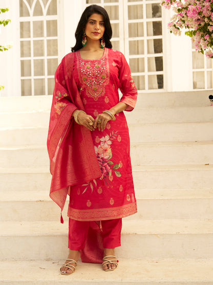 Dhiyona VV Pink Silk Blend Embroidered Straight Kurta Set with Trousers & Dupatta