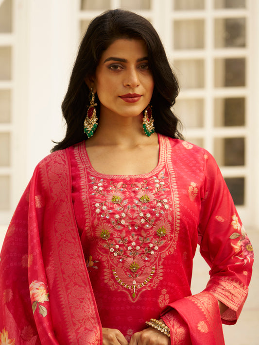 Dhiyona VV Pink Silk Blend Embroidered Straight Kurta Set with Trousers & Dupatta