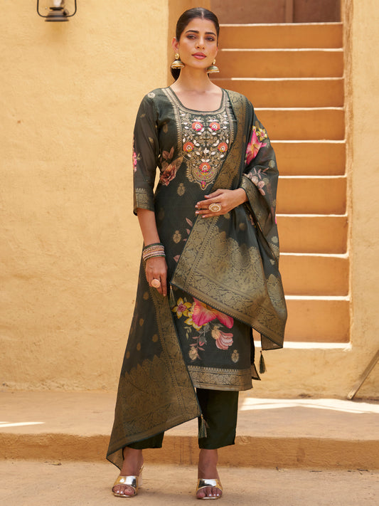 Dhiyona VV Green Silk Blend Embroidered Straight Kurta Set with Trousers & Dupatta