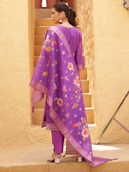 Dhiyona VV Purple Silk Blend Embroidered Straight Kurta Set with Trousers & Dupatta