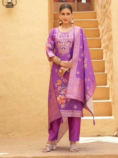 Dhiyona VV Purple Silk Blend Embroidered Straight Kurta Set with Trousers & Dupatta