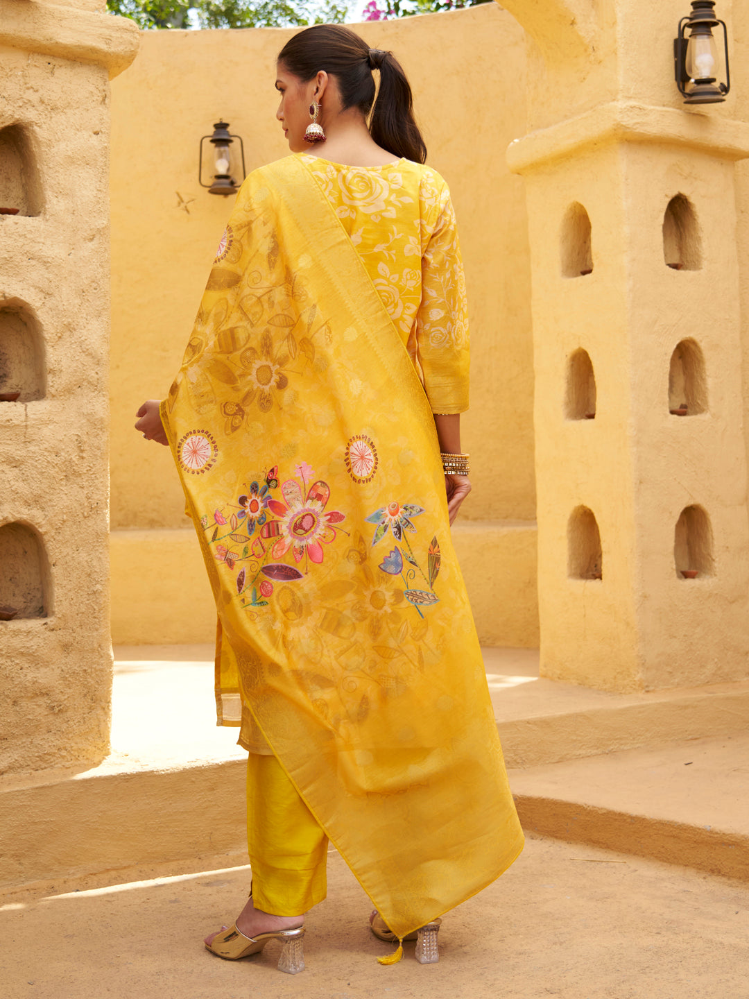 Dhiyona VV Yellow Silk Blend Embroidered Straight Kurta Set with Trousers & Dupatta