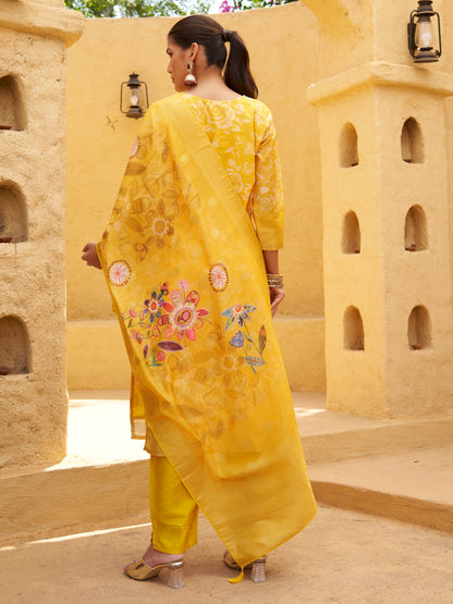 Dhiyona VV Yellow Silk Blend Embroidered Straight Kurta Set with Trousers & Dupatta