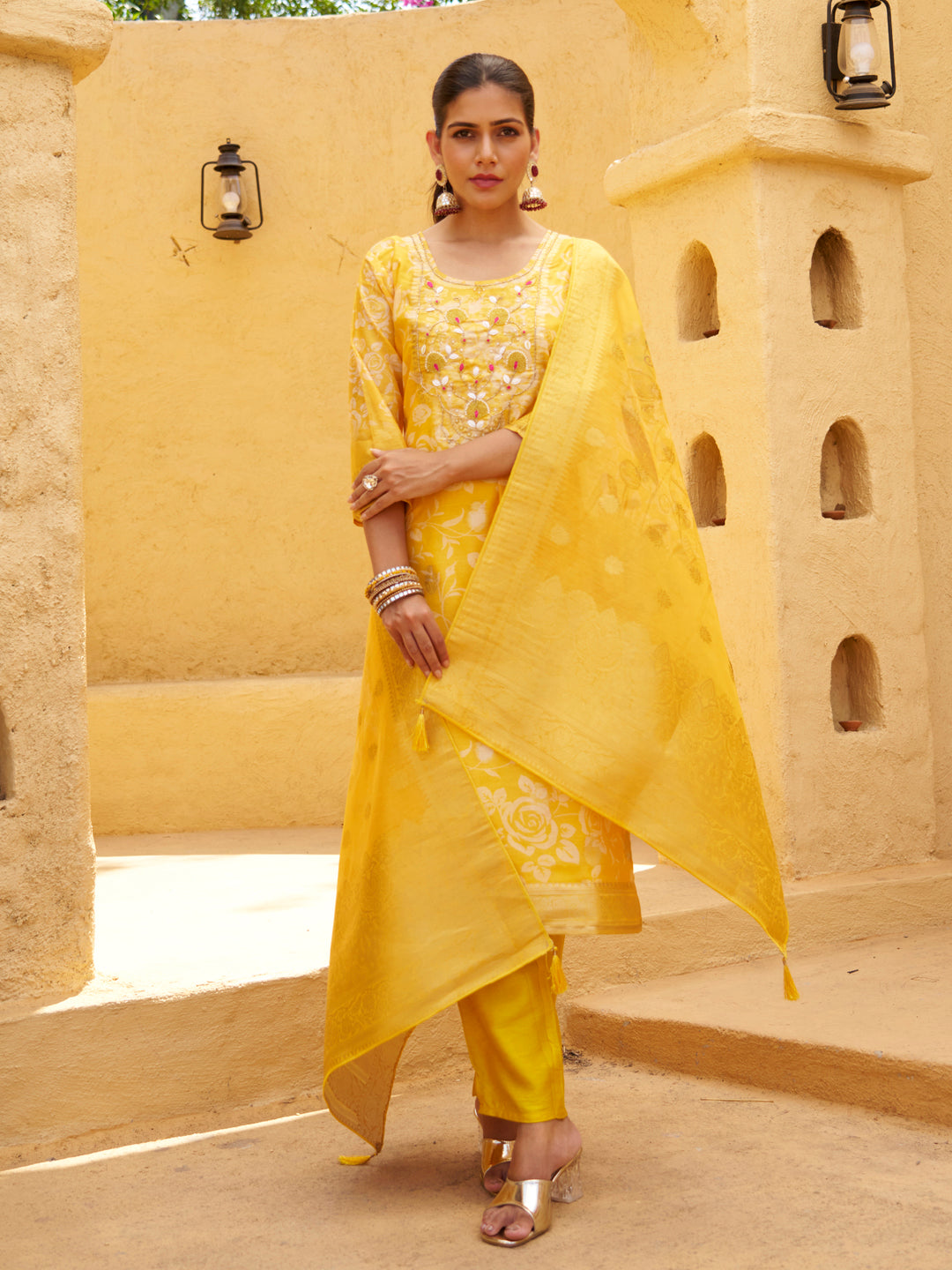 Dhiyona VV Yellow Silk Blend Embroidered Straight Kurta Set with Trousers & Dupatta