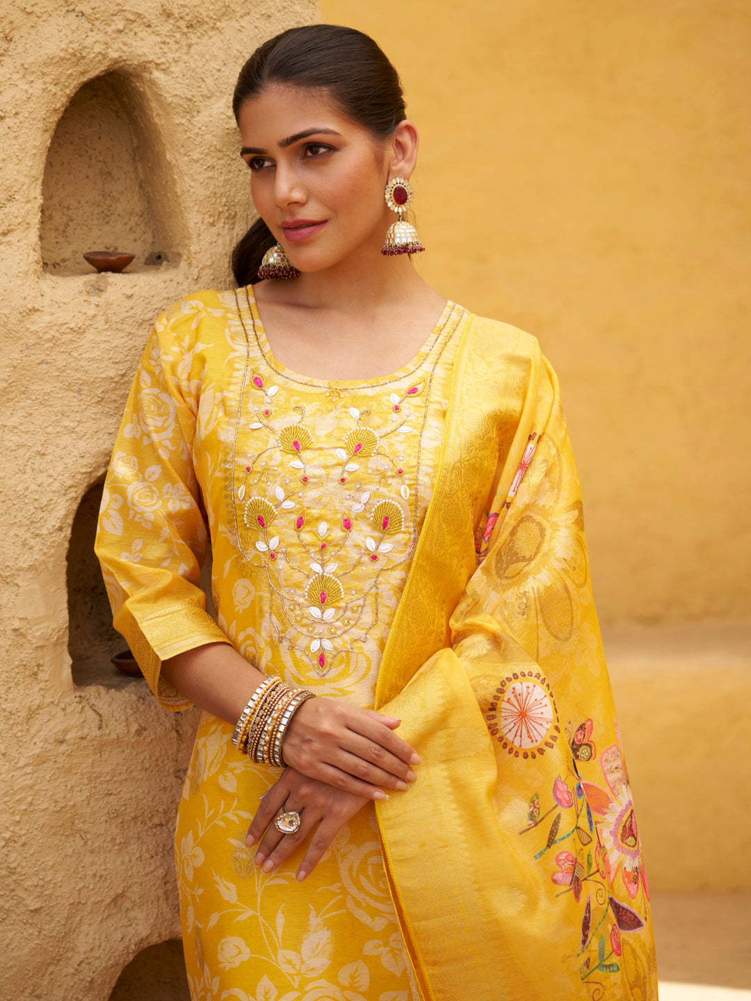 Dhiyona VV Yellow Silk Blend Embroidered Straight Kurta Set with Trousers & Dupatta