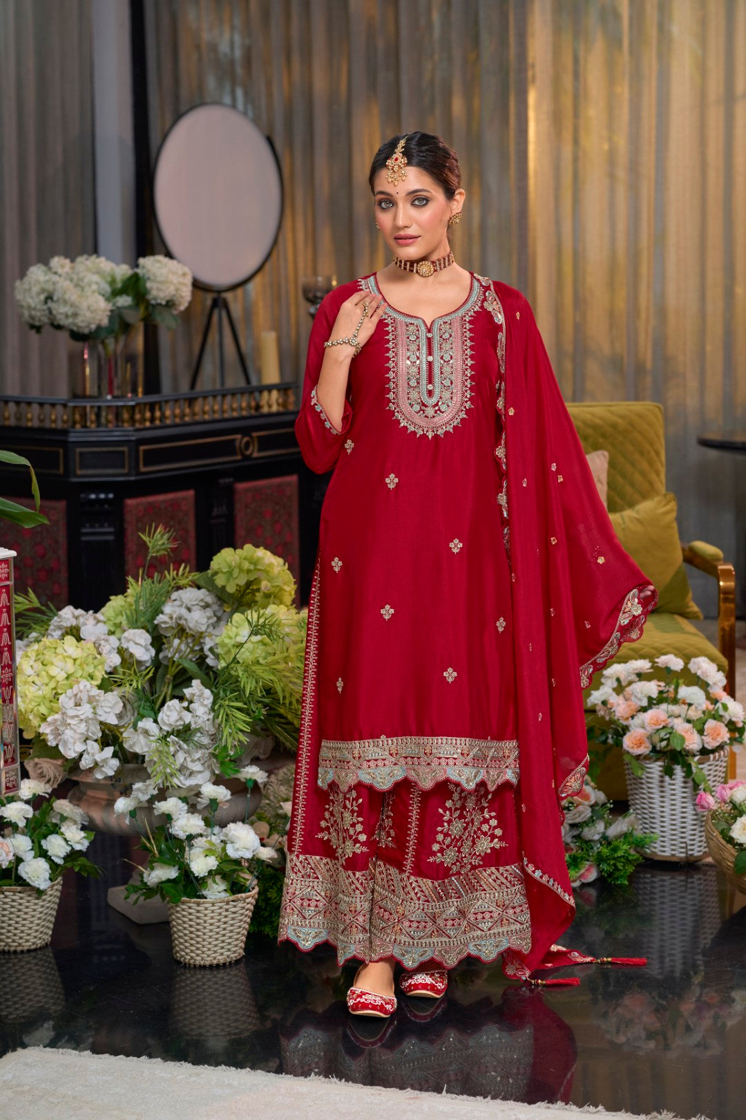 Shorba Crimson Full Work Gharara set