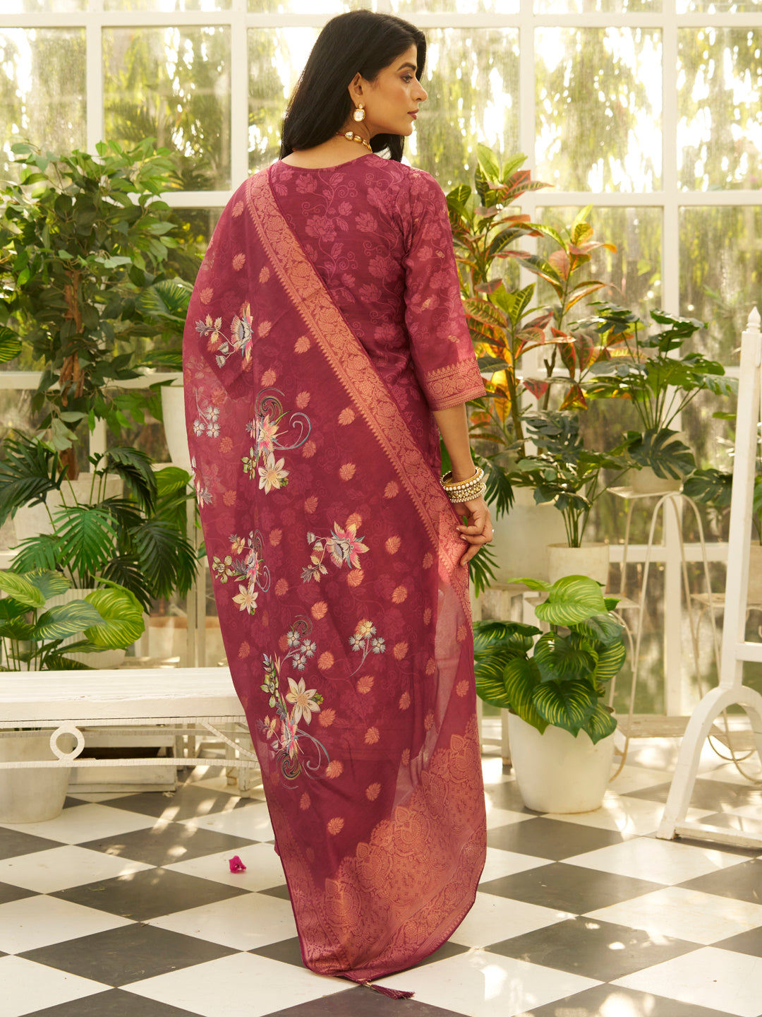Dhiyona VV Maroon Silk Blend Embroidered Straight Kurta Set with Trousers & Dupatta