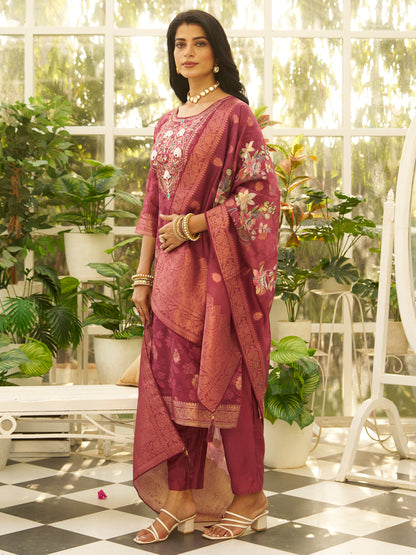 Dhiyona VV Maroon Silk Blend Embroidered Straight Kurta Set with Trousers & Dupatta