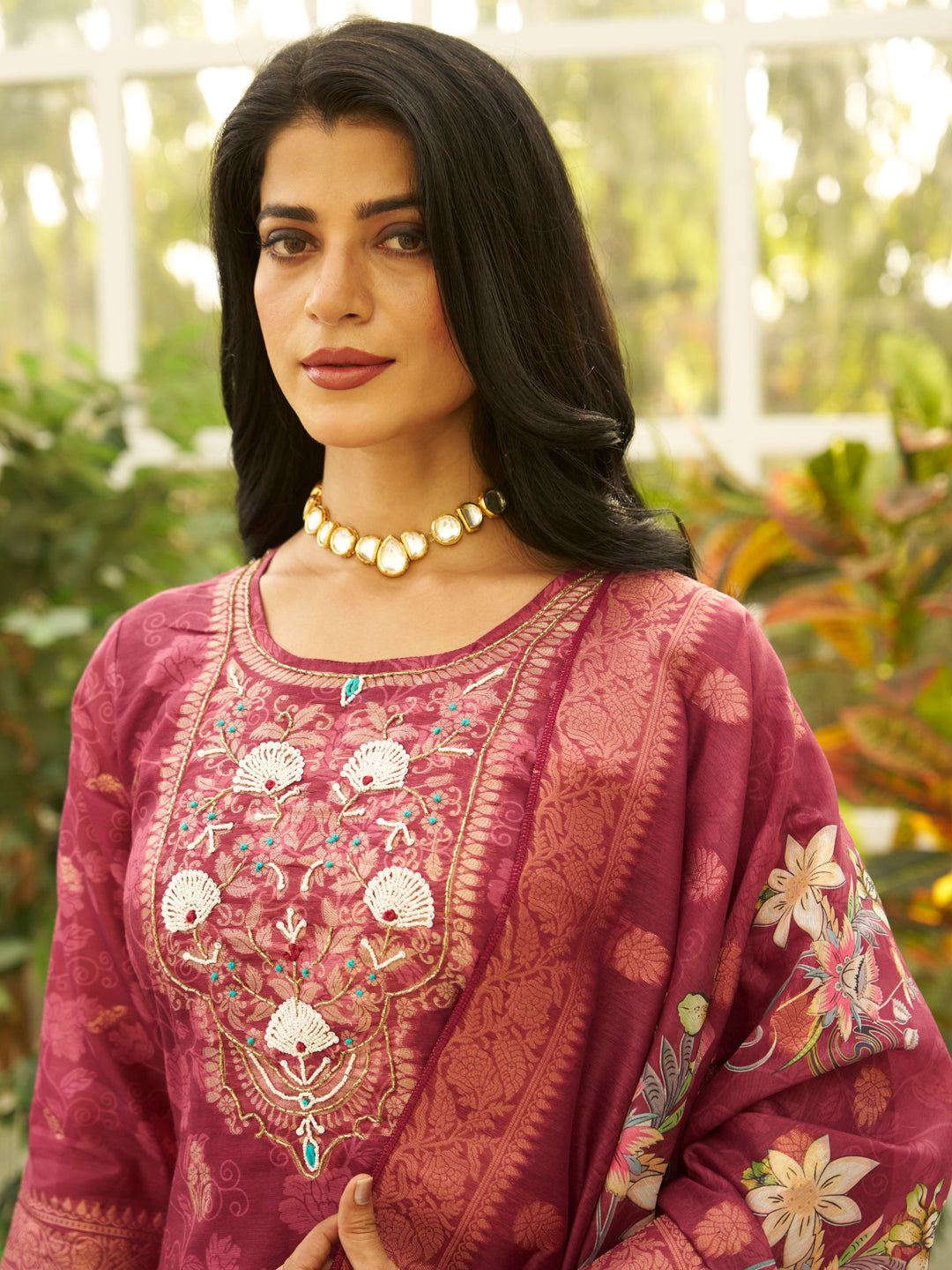 Dhiyona VV Maroon Silk Blend Embroidered Straight Kurta Set with Trousers & Dupatta