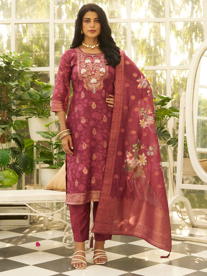 Dhiyona VV Maroon Silk Blend Embroidered Straight Kurta Set with Trousers & Dupatta