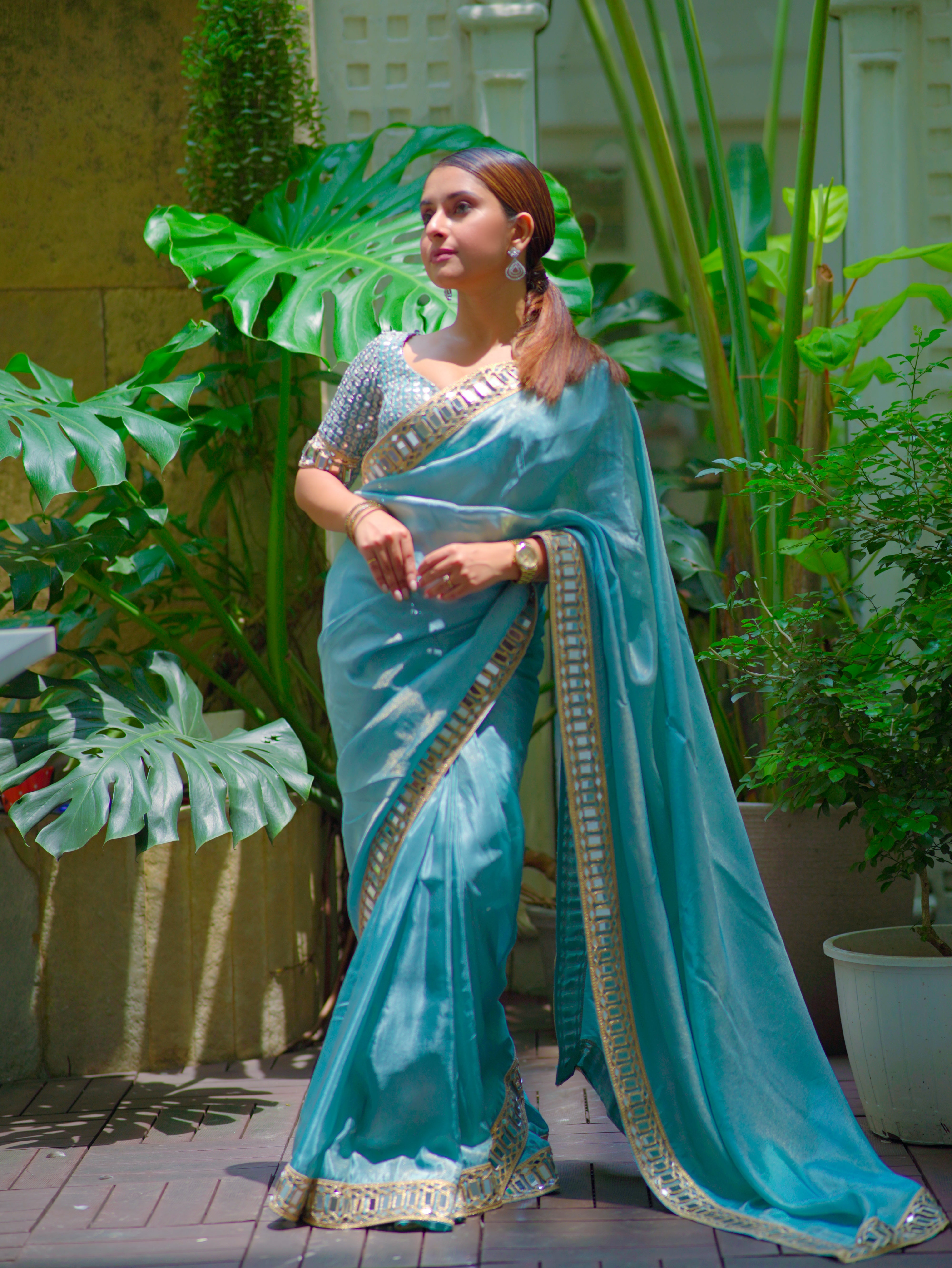 Dhiyona HH Pacific Blue Designer Mirror Work Pure Tissue Silk Saree | Special Edition