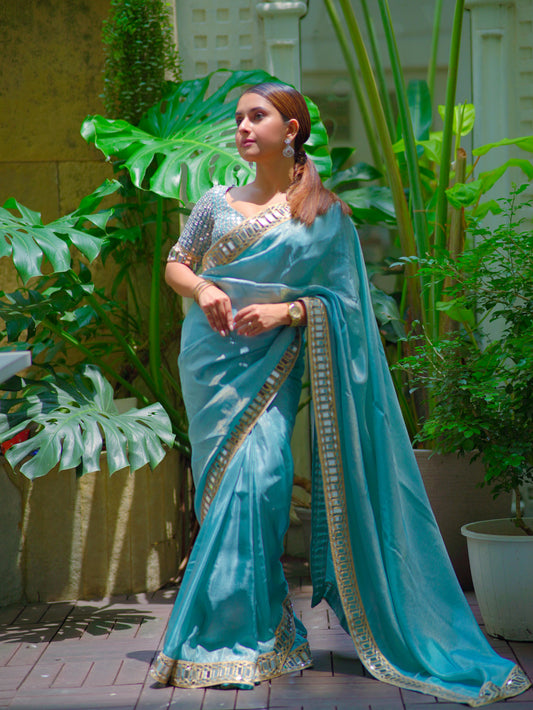 Dhiyona HH Pacific Blue Designer Mirror Work Pure Tissue Silk Saree | Special Edition