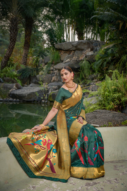 Dhiyona GR Women's Muniya Bottle Green Zari Paithani Silk Saree