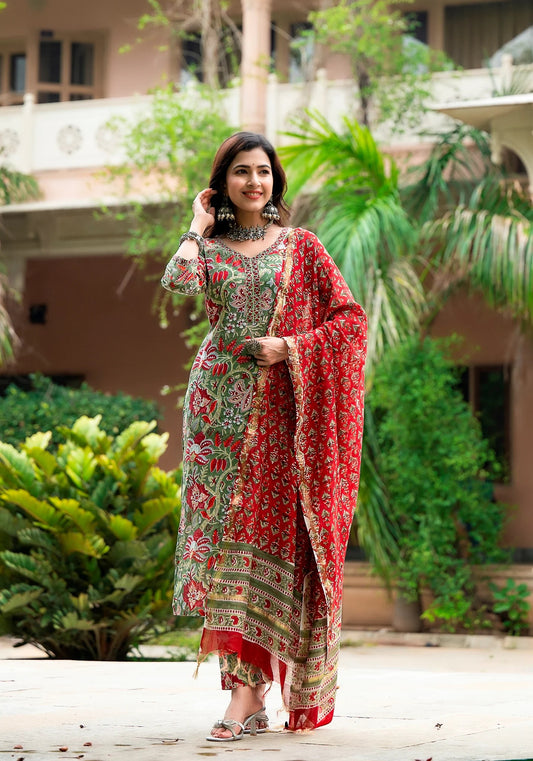 Women Multicolor Printed Viscose Rayon Kurta, Pant And Dupatta Set