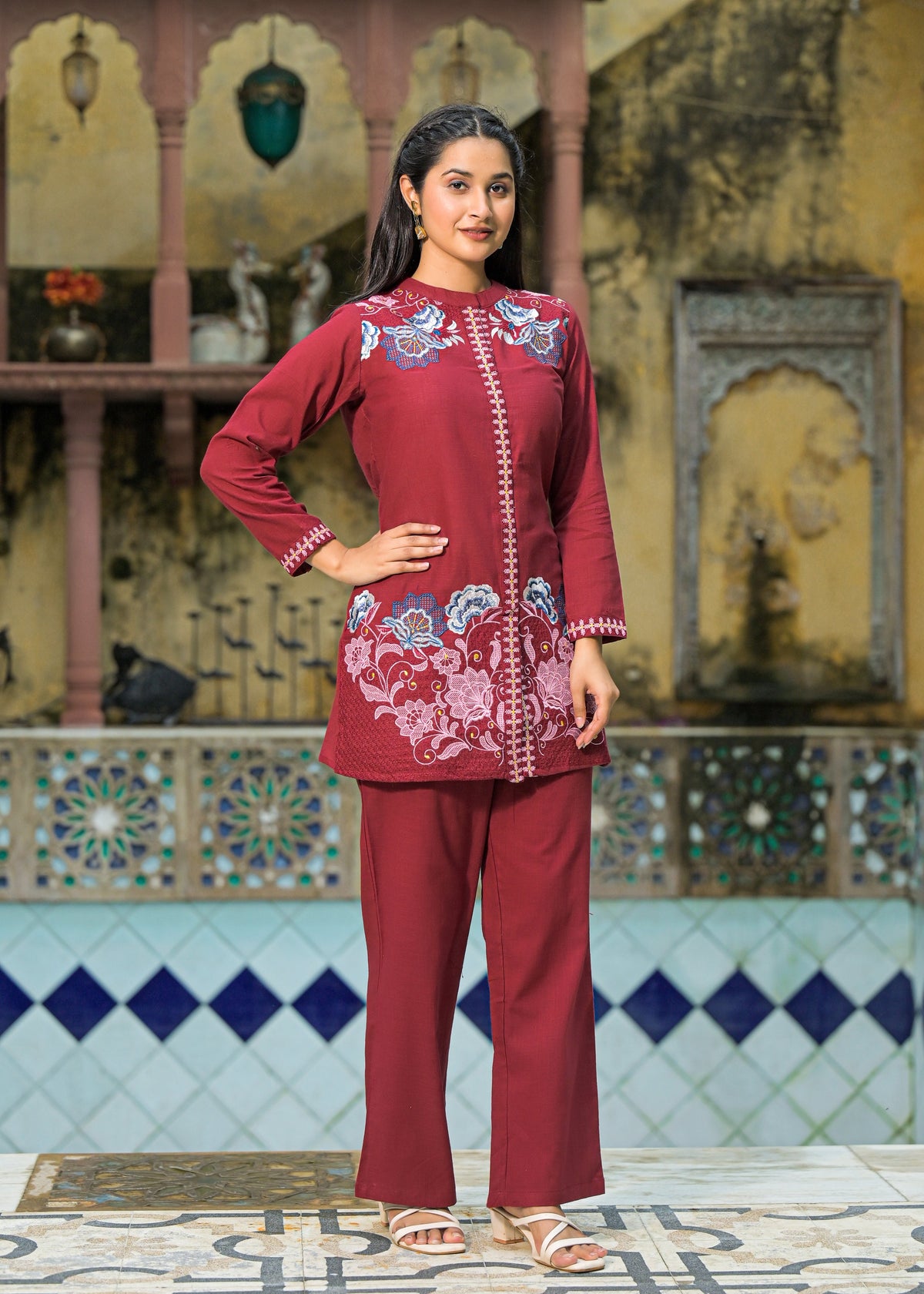 Sanjana Burgundy Embroidered Co-ord Set