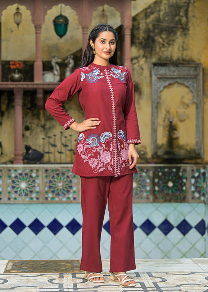 Sanjana Burgundy Embroidered Co-ord Set