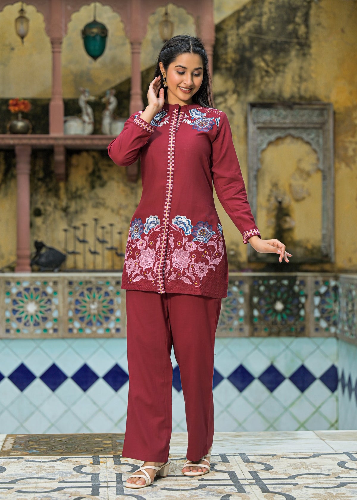 Sanjana Burgundy Embroidered Co-ord Set