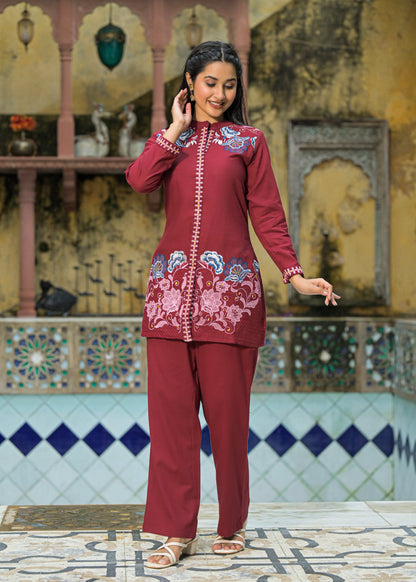 Sanjana Burgundy Embroidered Co-ord Set