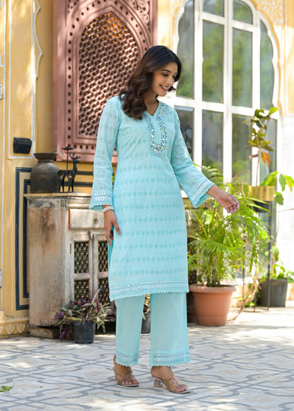 Sanmati Sky Cotton Mirror Schiffli Co-ord Set