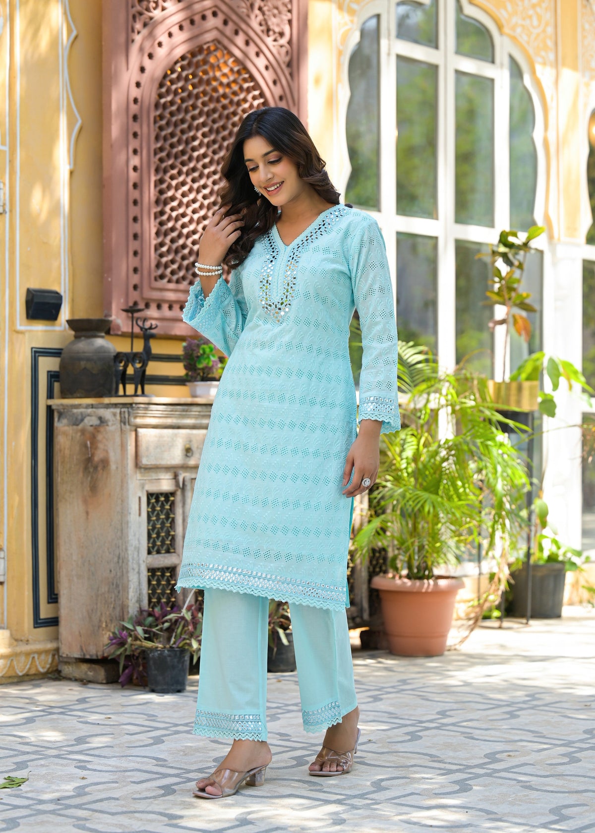 Sanmati Sky Cotton Mirror Schiffli Co-ord Set