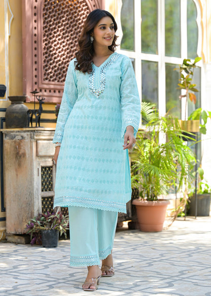 Sanmati Sky Cotton Mirror Schiffli Co-ord Set