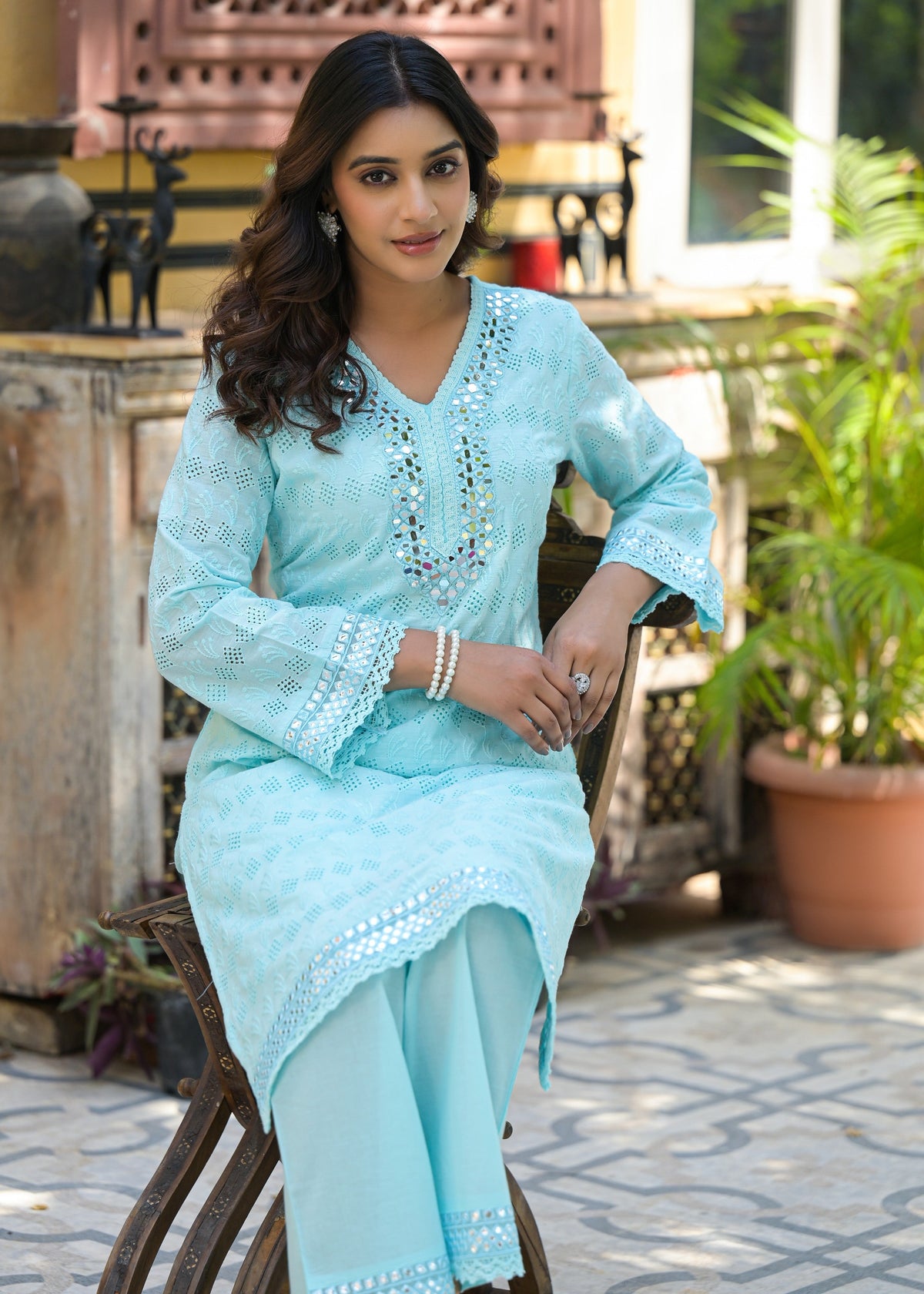 Sanmati Sky Cotton Mirror Schiffli Co-ord Set