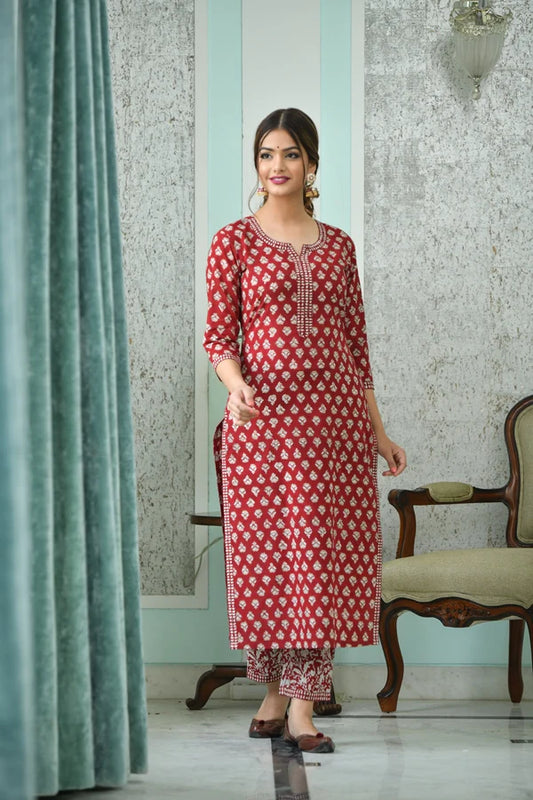 Women Maroon Printed Viscose Rayon Kurta And Pant Set