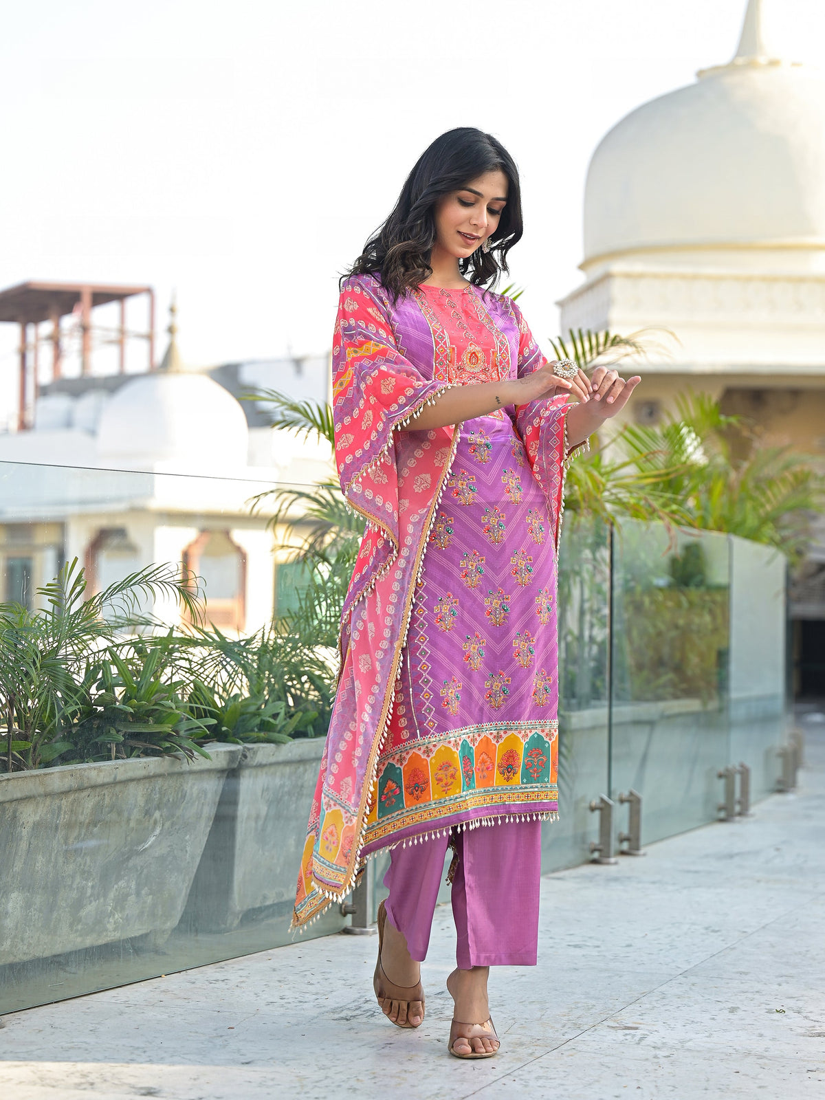 Mehna Lilac Full Heavy Work Kaftan Pant Set