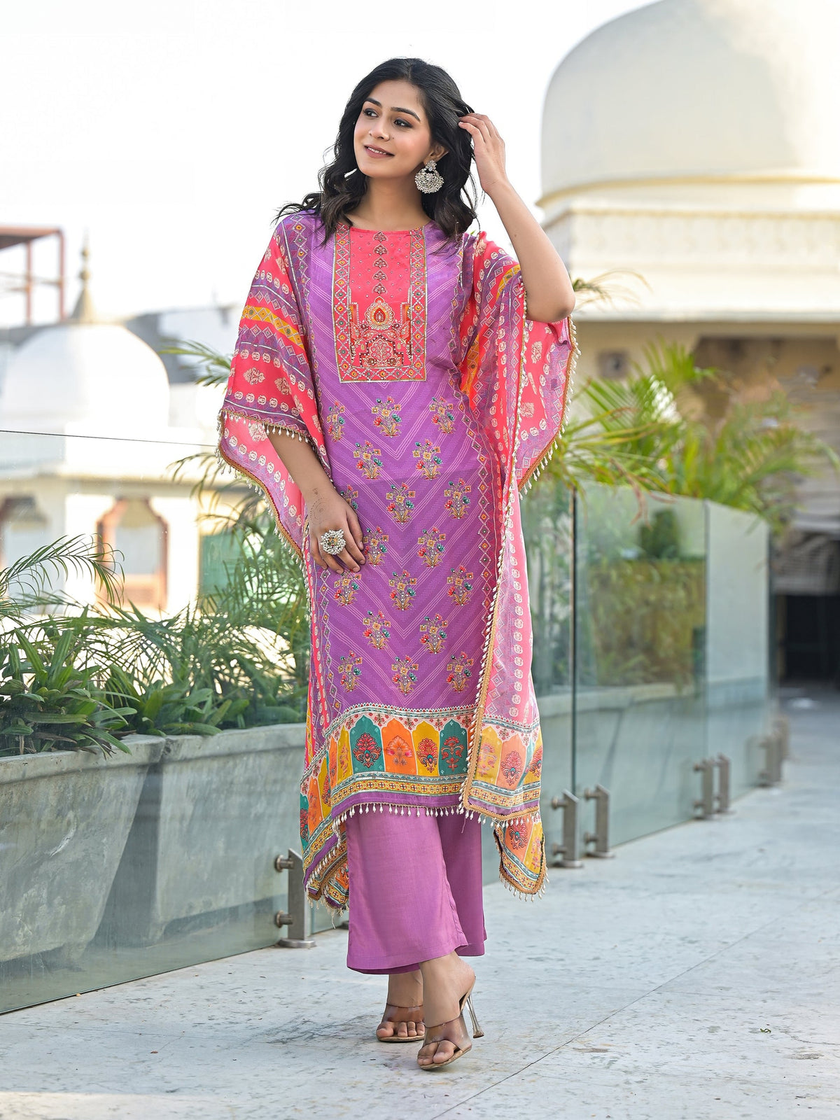 Mehna Lilac Full Heavy Work Kaftan Pant Set