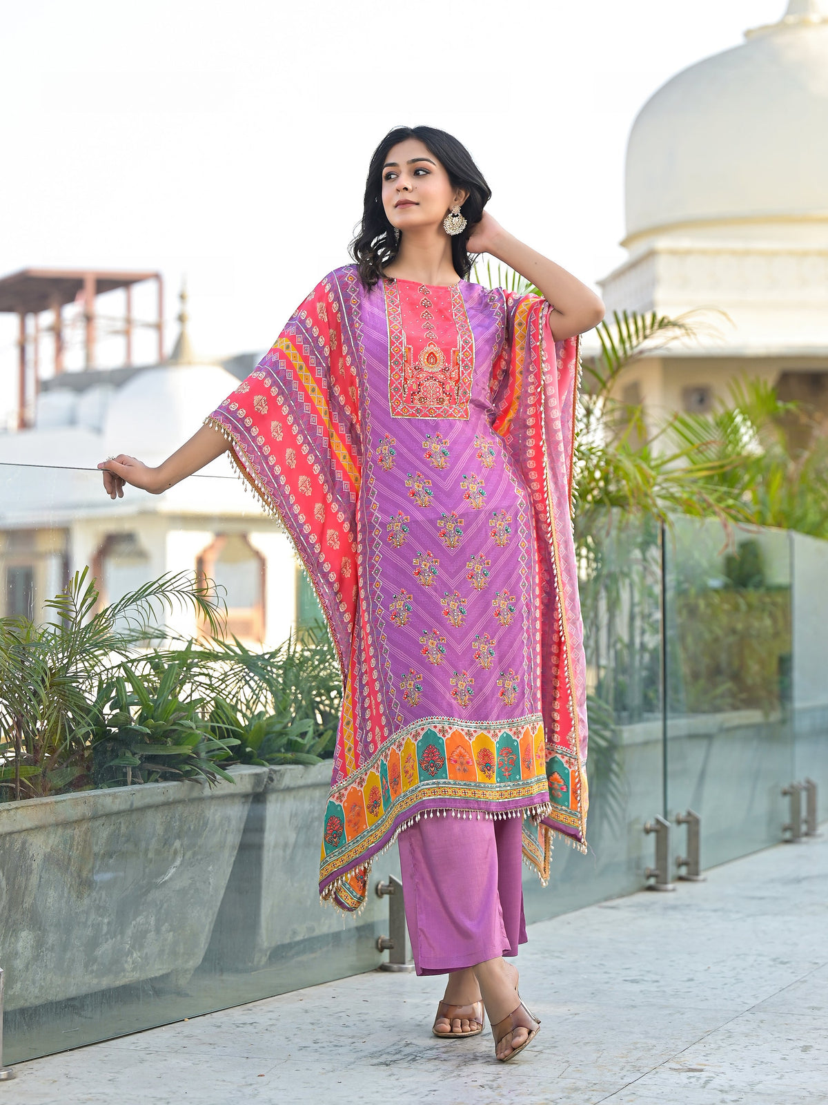 Mehna Lilac Full Heavy Work Kaftan Pant Set