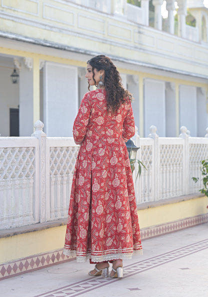 Ishika Crimson Premium Cotton Anarkali Suit Set