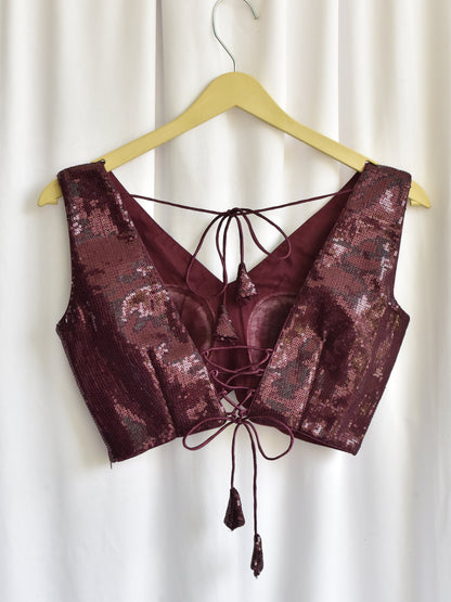 Dhiyona ST SET | Cocktail Plum Saree With Wine Sequin Sleeveless Blouse - 2 Piece