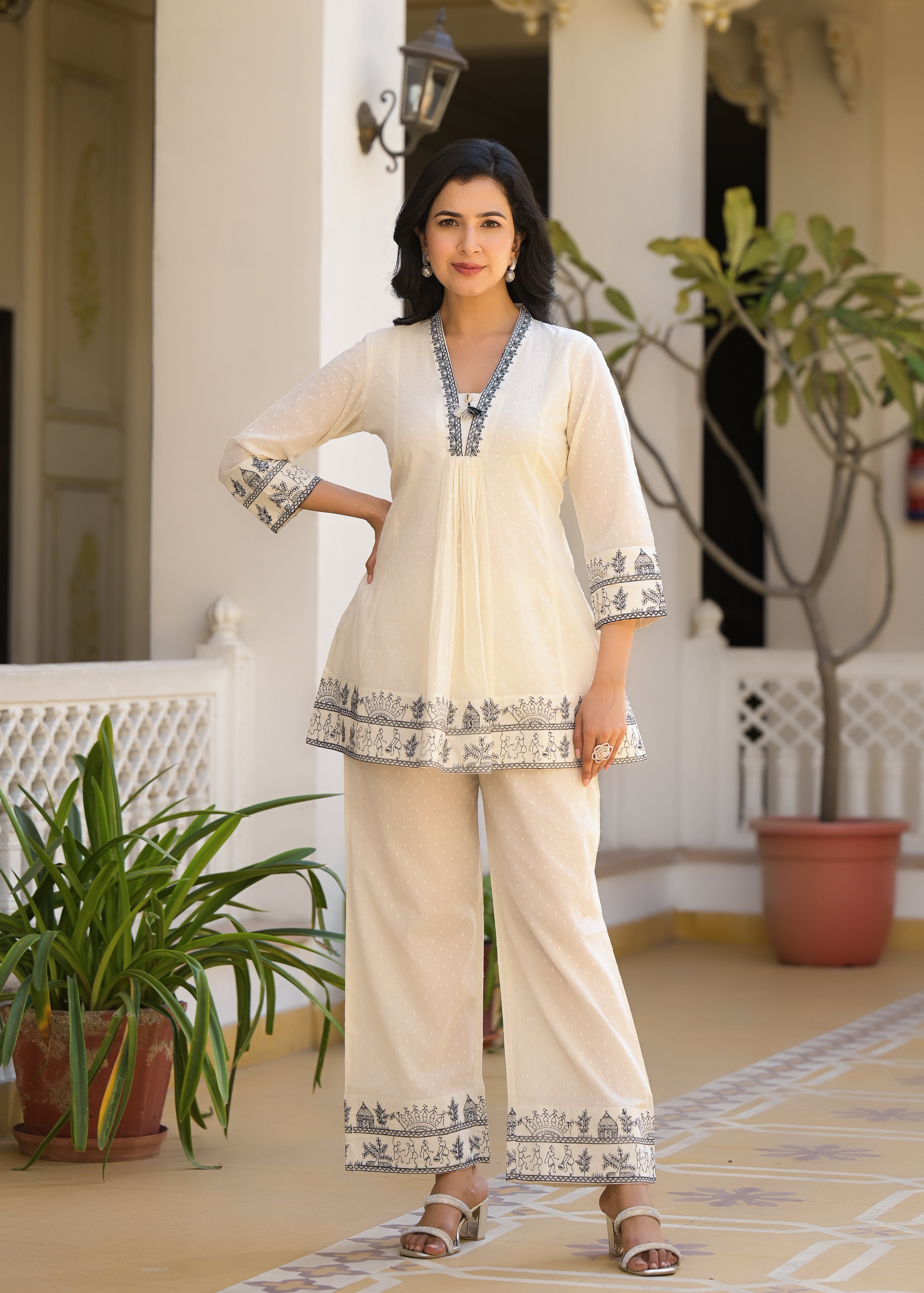 Sakshi Cream Embroidered Cotton Co-ord Set