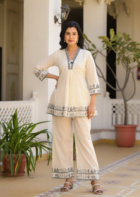 AutumnLane Sakshi Cream Embroidered Cotton Co-ord Set