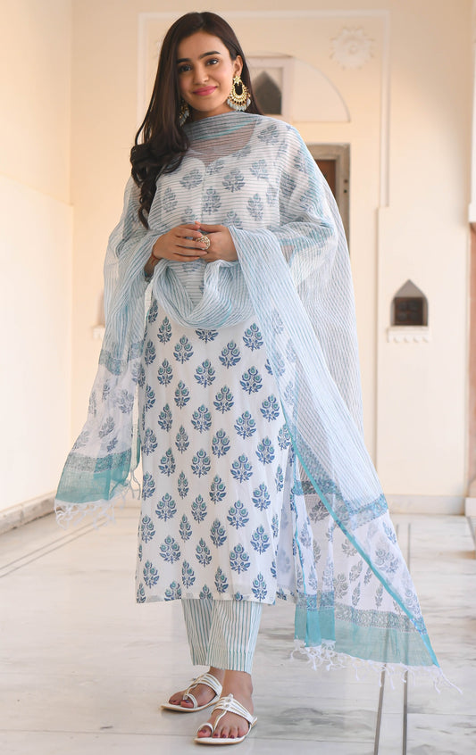 Women Blue Printed Viscose Rayon Kurta, Pant And Dupatta Set