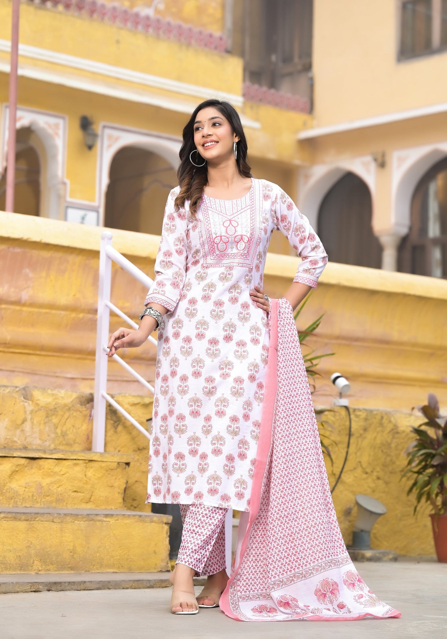 Women Lotus Pink Printed Viscose Rayon Kurta, Pant And Dupatta Set