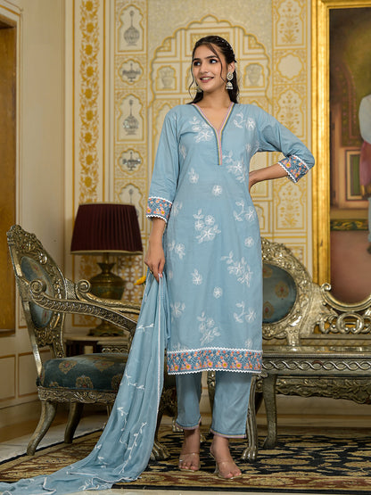 Dhiyona VR Women's Blue Chikankari Embroidered Kurta Set With Dupatta